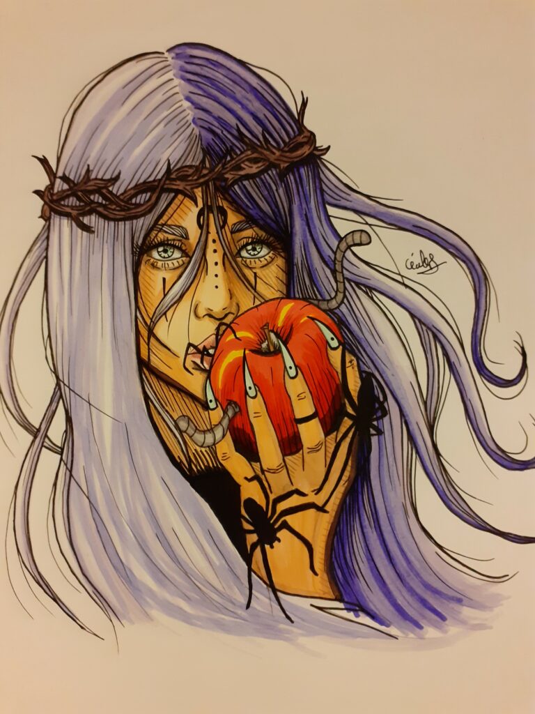Portrait fantastique d'une femme sorcière avec une pomme dans la main.