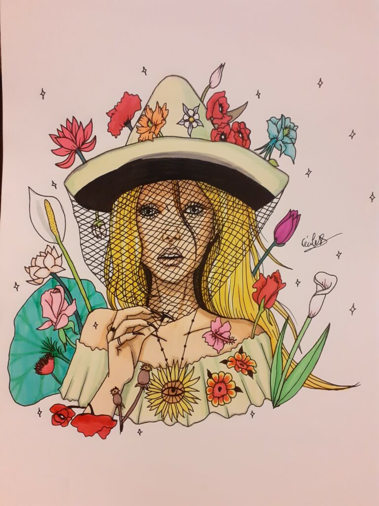 Portrait d'une femme avec des fleurs et un chapeau.