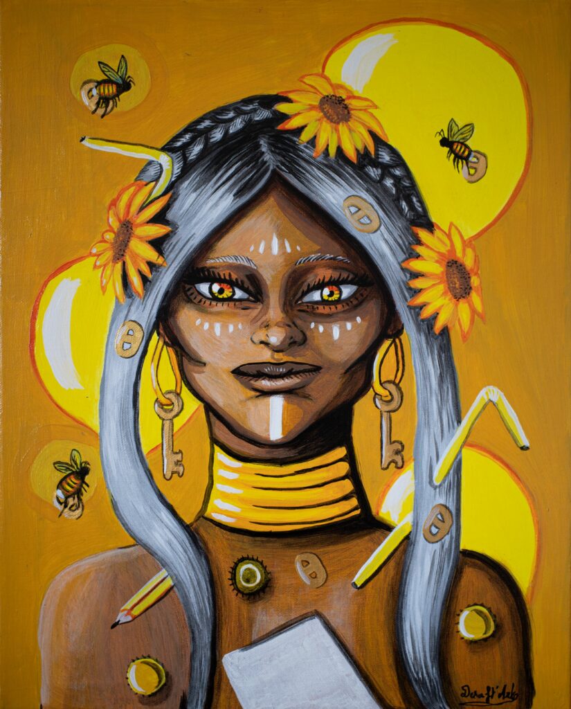 Photographie d'un portrait féminin écologique à la peinture acrylique de couleur jaune.