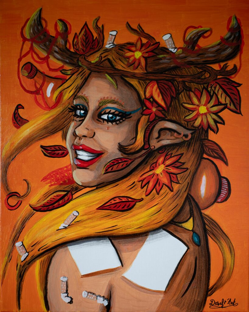 Photographie d'un portrait féminin écologique à la peinture acrylique de couleur orange.