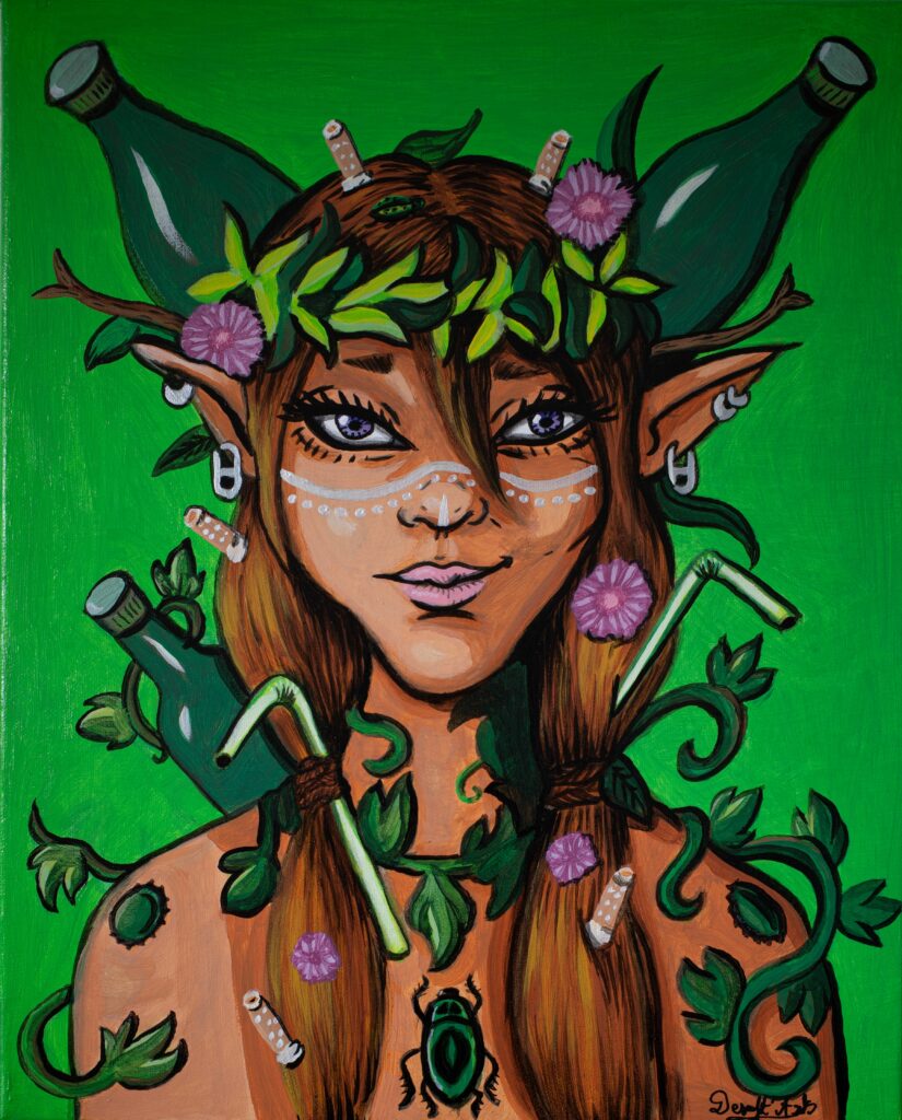 Photographie d'un portrait féminin écologique à la peinture acrylique de couleur verte.