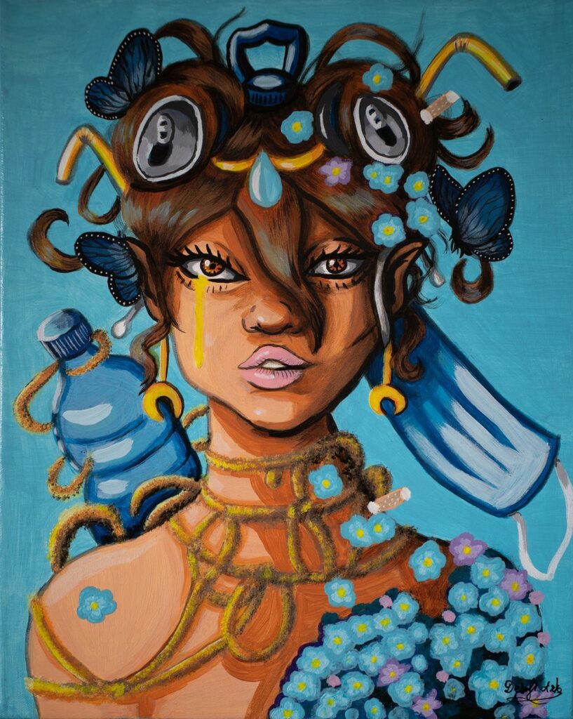 Photographie d'un portrait féminin écologique à la peinture acrylique de couleur bleue.