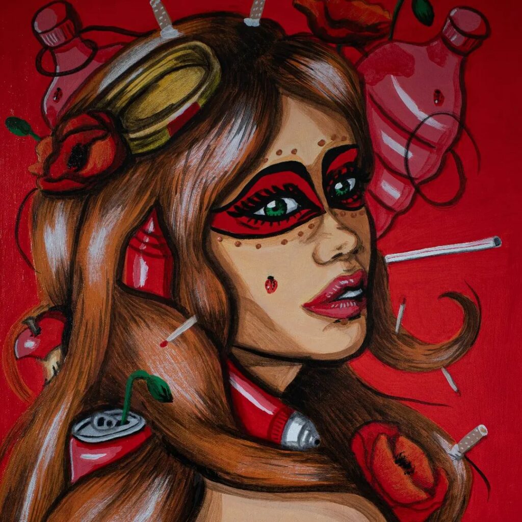 Photographie d'un portrait féminin écologique à la peinture acrylique de couleur rouge.